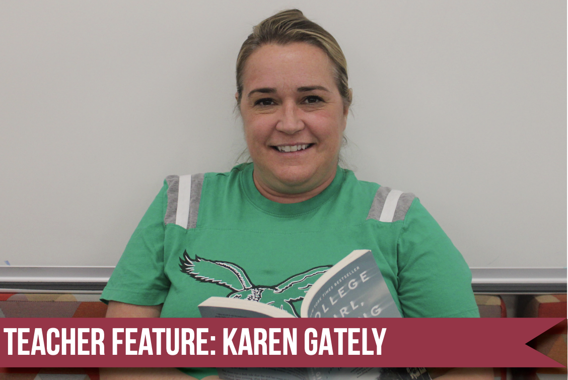 Book lover: English department head Karen Gately poses with “College Girl Missing” by Shawn Cohen, the book she is currently reading. She had aspired to be a teacher since she was young. Gately will complete her 24th year teaching at Conestoga this year.